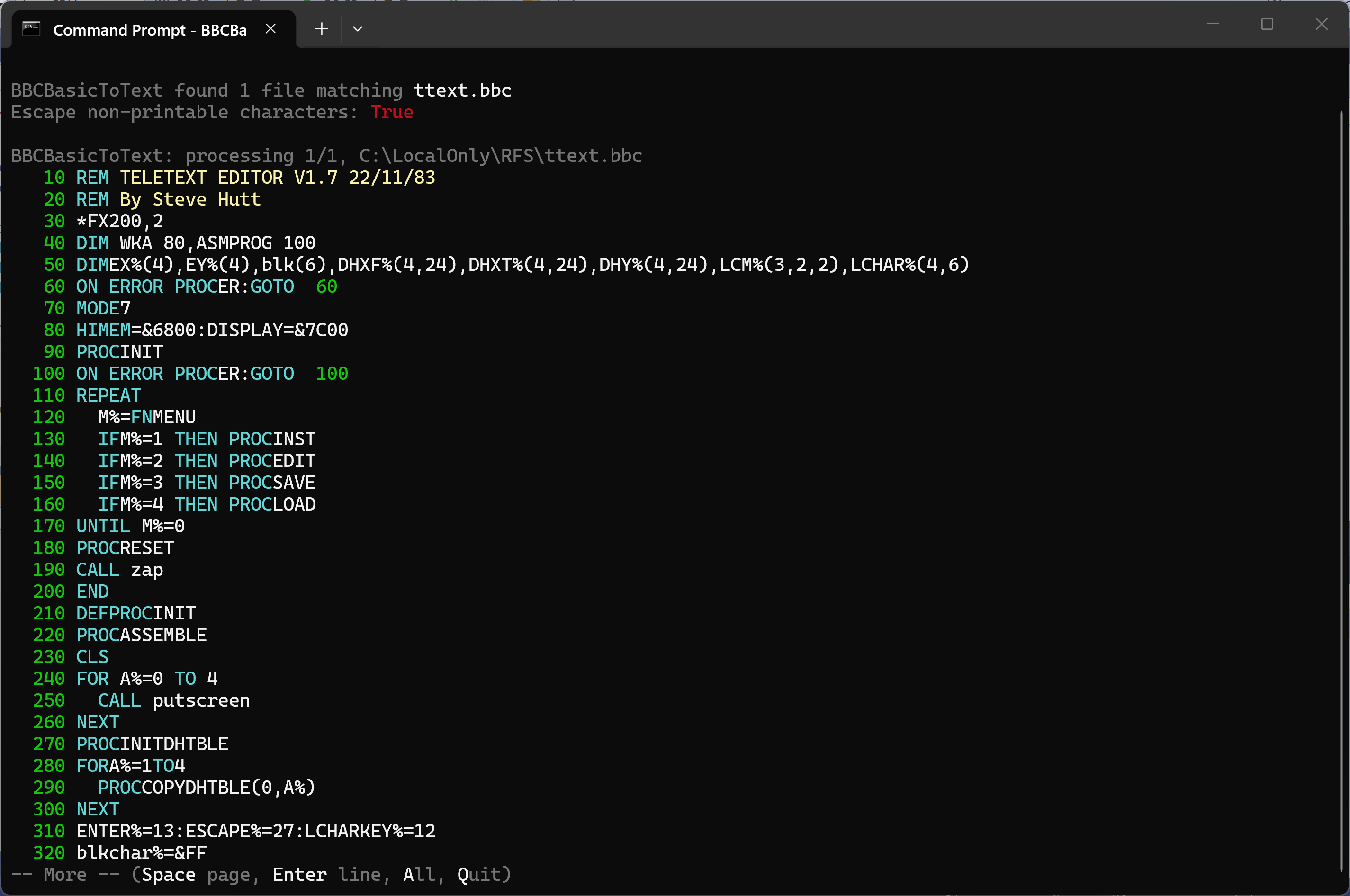BBCBasicToText paused at the -- More -- prompt part way through a BASIC listing